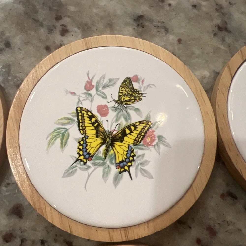 Butterfly Coasters Wood Ceramic Monarch 6‎ Designs Cottage NEW old stock